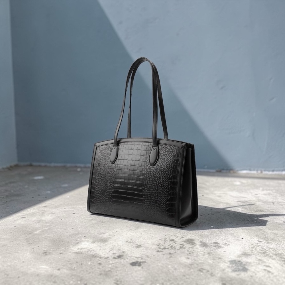 Elegant Black Crocodile-Embossed Tote Bag